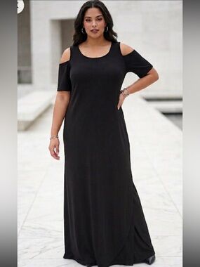 Chico’s 3 Black Cold Shoulder Maxi Dress XL/16 Matte Formal Modern Gothic Witchy